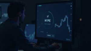 Photorealistic newsroom scene: trader at desk with monitor showing HYPE in a narrow range, Aster logo, and token-burn icon.
