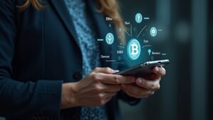Photoreal scene: person uses a smartphone wallet with self-custody keys; icons flow to Trust Wallet via Revolut Pay.