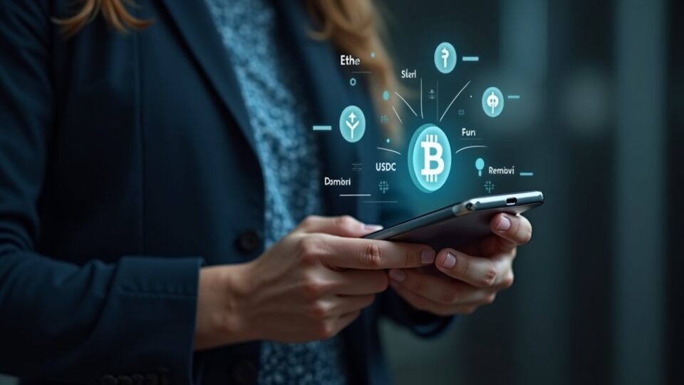 Photoreal scene: person uses a smartphone wallet with self-custody keys; icons flow to Trust Wallet via Revolut Pay.