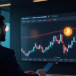 Professional investor in a sleek trading room watches a Bitcoin-related wall screen with a stable chart and streaming data.