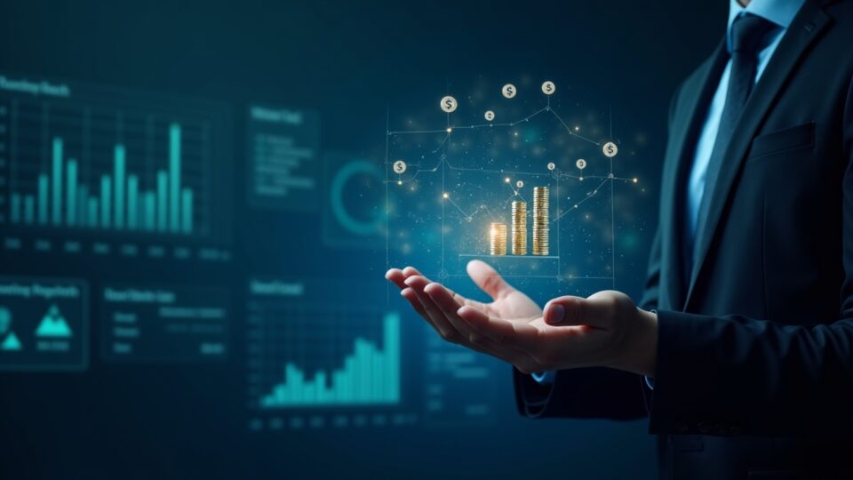 A suited institutional investor in front of a holographic dashboard displaying BUIDL tokens and dollar assets.
