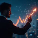 Executive analyzes a glowing 7-10% crypto chart amid a digital network backdrop and city skyline.