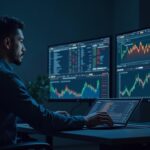 Photorealistic office scene: trader beside crypto ETF dashboards showing Bitcoin and Ethereum outflows and red arrows.