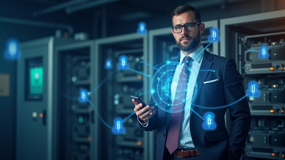 Executive beside a holographic convertible notes term sheet with Bitcoin mining rigs in the background.