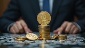 Photorealistic bank desk showing a digital shekel glyph, shield, and stablecoin icons signaling tighter Israel oversight.