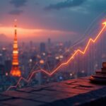 Tokyo skyline at dusk as a glowing crypto token shifts from a payment icon to a rising securities chart, with FSA seal.