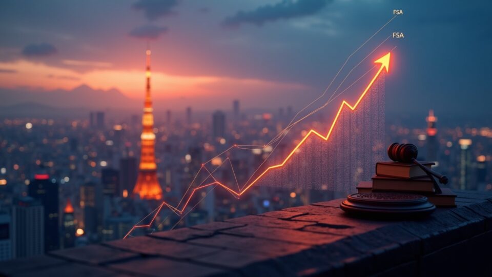Tokyo skyline at dusk as a glowing crypto token shifts from a payment icon to a rising securities chart, with FSA seal.