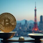 Close-up of a crypto coin with Tokyo skyline and scales weighing assets against taxes, signaling Japan 2026 reform.