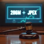 Photorealistic courtroom with a gavel and a digital display showing 206M JPEX against Hong Kong backdrop.