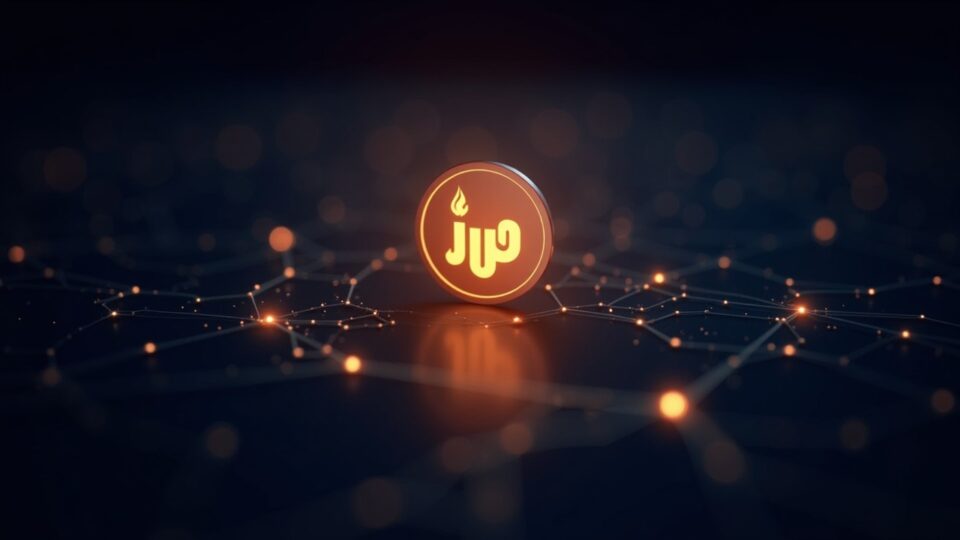 Center scene with a glowing JupUSD token above a Solana network map, with Jupiter-like lights highlighting DeFi upgrades.