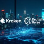 Kraken and Deutsche Börse logos merging over a sleek trading desk with holographic crypto charts and a European skyline.