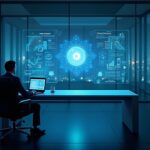 Photorealistic crypto executive in a glass office, receiving a Kraken VIP invitation with holographic dashboards.