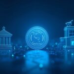 Photorealistic scene of a bank vs. fintech hub with a central KRW-stablecoin token and a countdown timer.