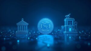 Photorealistic scene of a bank vs. fintech hub with a central KRW-stablecoin token and a countdown timer.