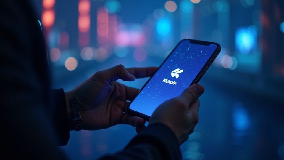 Photorealistic Tomorrowland scene with user tapping a KuCoin wallet app, glowing crypto rails across Europe and a mica badge.