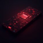 Photorealistic smartphone chip glowing red with digital shield shards and a Ledger silhouette in a dark newsroom.