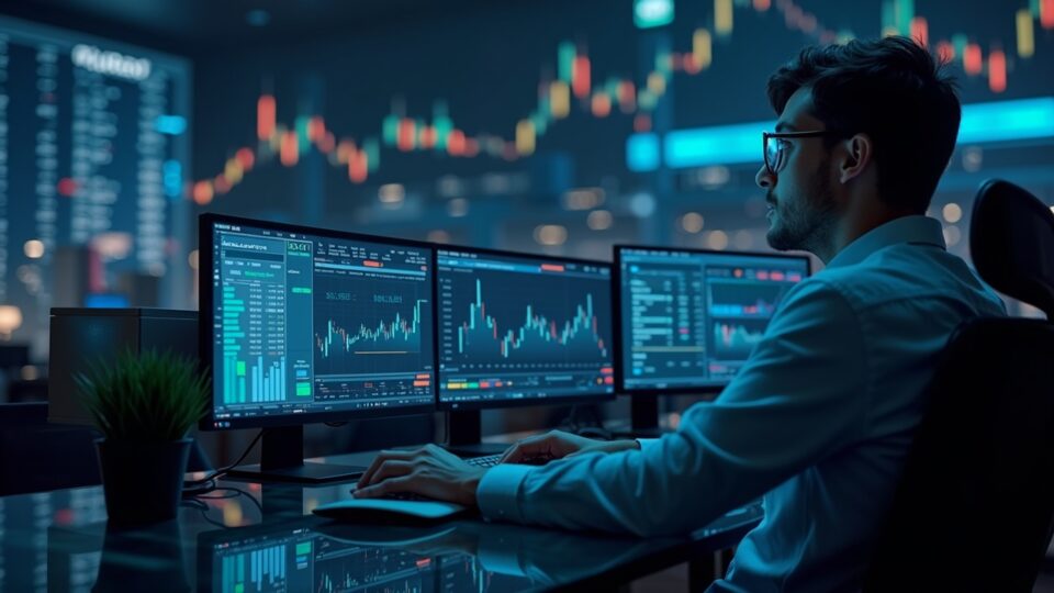 Photorealistic trader at glass desk with glowing LIT price charts and Polymarket and Hyperliquid logos.