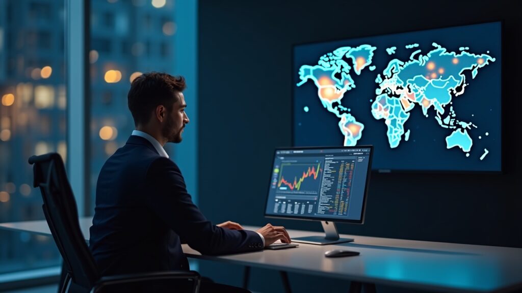 Trader at a sleek desk with a market-neutral crypto dashboard showing Bitcoin, altcoins, code lines, and a world map.
