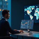 Trader at a sleek desk with a market-neutral crypto dashboard showing Bitcoin, altcoins, code lines, and a world map.