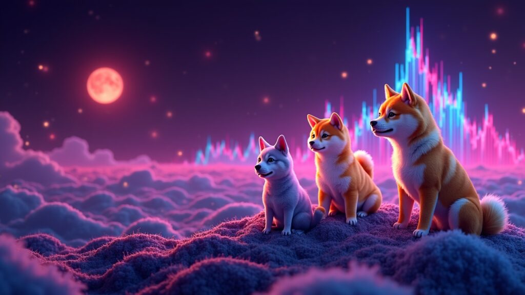 Photorealistic crypto header featuring Dogecoin, Shiba Inu, and Bonk on a neon market horizon with rising charts.