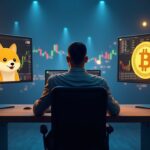 Photorealistic trader at a sleek desk with screens: left shows Dogecoin and Shiba Inu deflating, right shows Bitcoin rising.