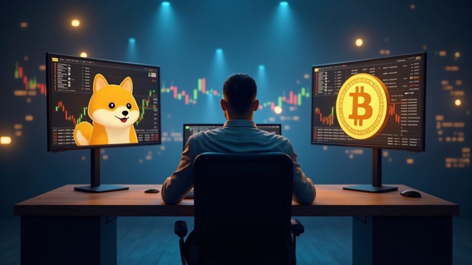 Photorealistic trader at a sleek desk with screens: left shows Dogecoin and Shiba Inu deflating, right shows Bitcoin rising.