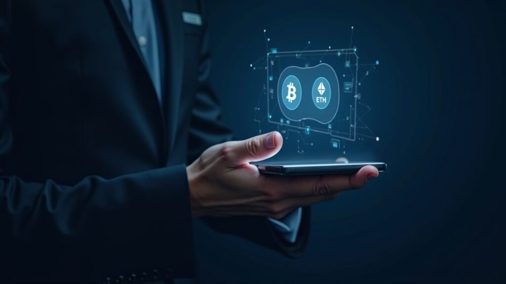 Professional using a sleek crypto wallet UI showing BTC and ETH icons with cross-chain links and the MetaMask logo