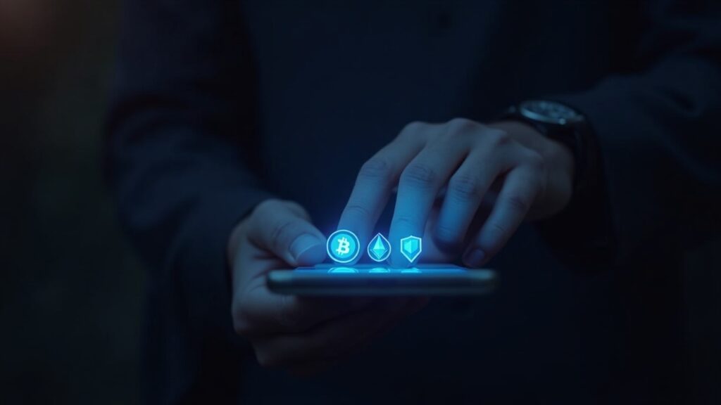 Photo-realistic close-up of a smartphone displaying a multi-chain wallet with BTC, ETH and SOL icons glowing.
