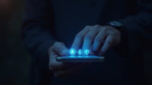 Photo-realistic close-up of a smartphone displaying a multi-chain wallet with BTC, ETH and SOL icons glowing.