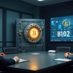 Photo-realistic boardroom with a leader, holographic Bitcoin vault, and a display showing 35,102 BTC