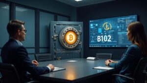 Photo-realistic boardroom with a leader, holographic Bitcoin vault, and a display showing 35,102 BTC