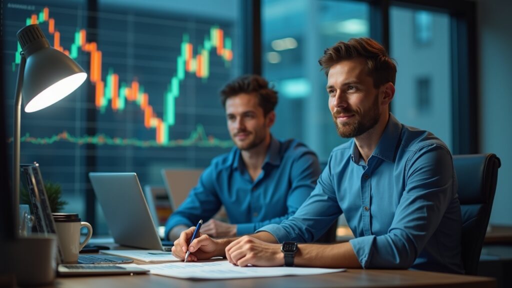 Photorealistic office scene: executive at desk with USD ledger and Bitcoin icons, illustrating liquidity-first equity raise.