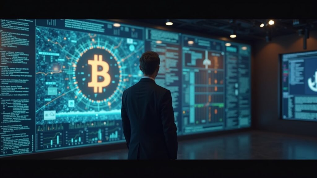 CEO beside a glowing cash wall and a Bitcoin hologram in a sleek crypto newsroom, highlighting a $1.44B liquidity reserve.