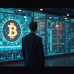 CEO beside a glowing cash wall and a Bitcoin hologram in a sleek crypto newsroom, highlighting a $1.44B liquidity reserve.