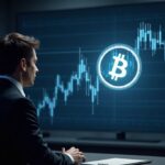 Photorealistic newsroom: executive before Bitcoin emblem and rising stock chart, highlighting crypto-treasury index debate.