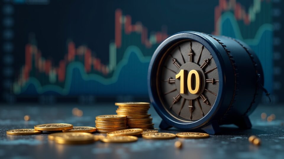 Realistic scene: MicroStrategy STRD 10% coupon, cash reserve vault, and bitcoin price chart in the background.