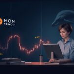 Realistic newsroom scene with MON logo, cup-and-handle chart at 0.031, and a whale silhouette signaling liquidity squeeze.