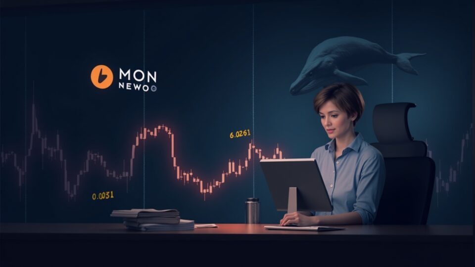 Realistic newsroom scene with MON logo, cup-and-handle chart at 0.031, and a whale silhouette signaling liquidity squeeze.