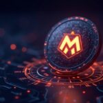 Futuristic crypto scene with MON glow, Bitget emblem, data streams, and a high-throughput trading interface.