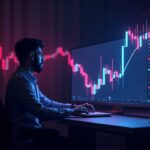Fotorrealistic crypto trader at a desk reviews neon price chart with inverted head-and-shoulders and looming $50M squeeze.