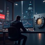 Photorealistic fintech office: executive near a Bitcoin vault, screens show falling index weight and a 2026 countdown.