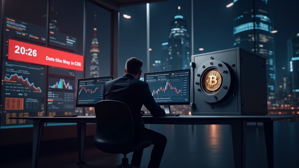 Photorealistic fintech office: executive near a Bitcoin vault, screens show falling index weight and a 2026 countdown.