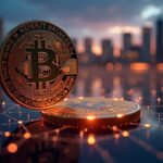 Photorealistic Norwegian crown coin above payment rails with city skyline and blockchain lines signaling CBDC skepticism