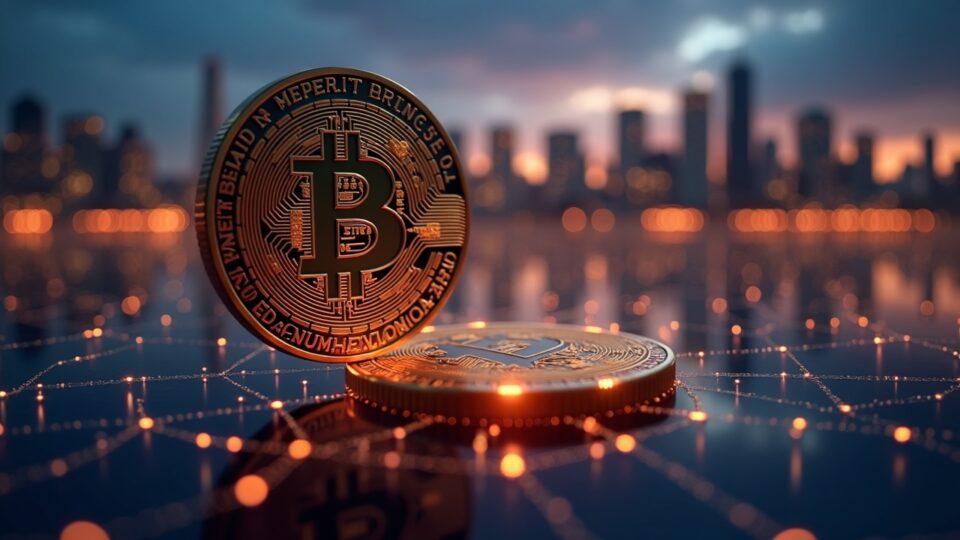 Photorealistic Norwegian crown coin above payment rails with city skyline and blockchain lines signaling CBDC skepticism