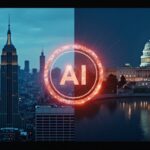 Split-screen: New York skyline left, Capitol right, glowing AI ad with Disclosure badge, regulatory tension.
