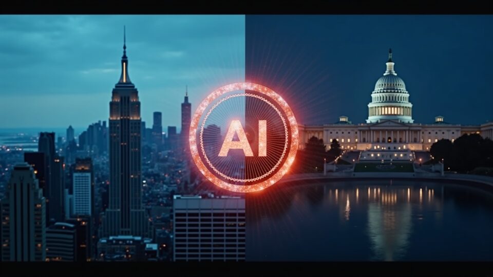 Split-screen: New York skyline left, Capitol right, glowing AI ad with Disclosure badge, regulatory tension.