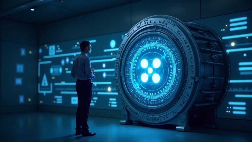 Futuristic federal bank vault with holographic charter linking Circle, Ripple, Paxos and Fidelity logos, glowing blockchain.