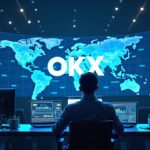 Photorealistic trading desk with central trader, holographic US and EU market screens, OKX logo, and a global regulatory grid.