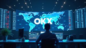 Photorealistic trading desk with central trader, holographic US and EU market screens, OKX logo, and a global regulatory grid.
