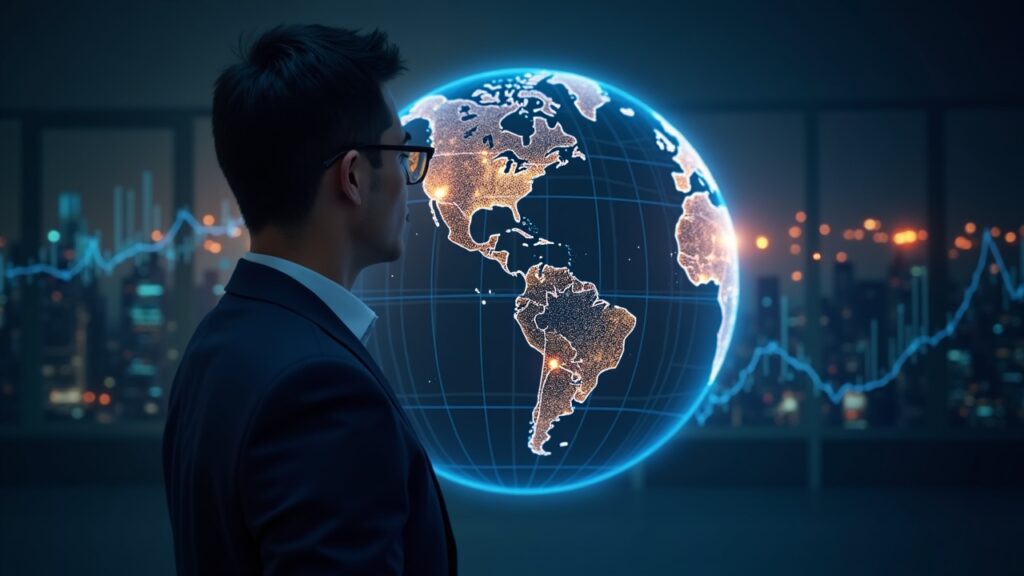Photorealistic header: a business executive before a glowing blockchain globe and digital perpetual charts.
